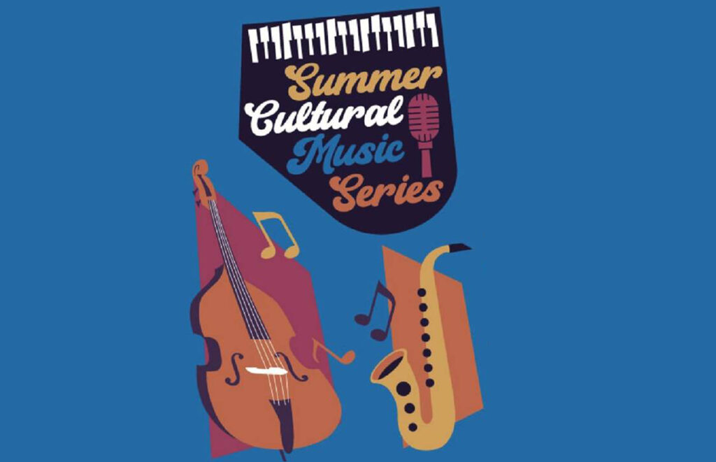 Poster for a Summer Cultural Music Series featuring a microphone icon, with a cello and saxophone on a blue background.