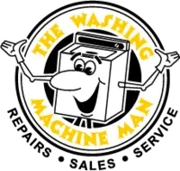 Logo for The Washing Machine Man, a washing machine repair service, featuring a smiling cartoon washer with arms inside a circular badge.